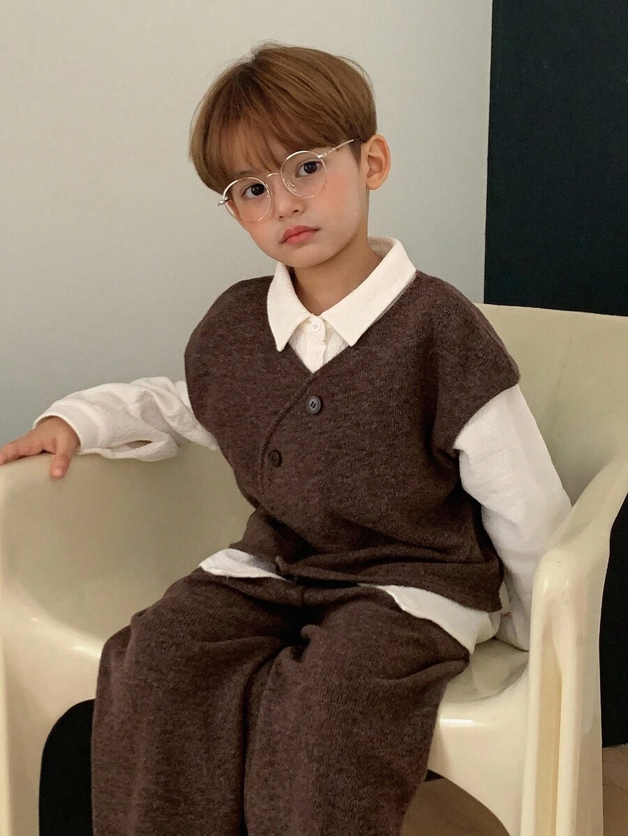 Hapijoa 2pcs/Set Toddler Boys Minimalist Sleeveless Top And Straight Leg Pants, Casual Loose Outfit, Autumn - Brown - View 1