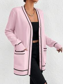 EMERY ROSE 休闲拼色双口袋开衫，春秋季 - 粉色 - 查看 5