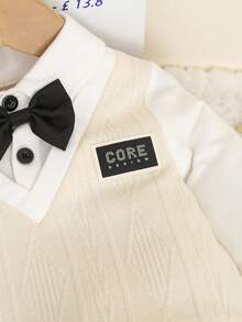 SHEIN 2pcs Baby Boy Preppy Gentleman Style Colorblock Knit Polo Shirt With Bowknot And Pants Set,Black And White,Elegant,Modest,Formal Wedding Party - Black - View 5
