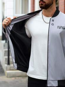 Manfinity Homme Jaqueta corta-vento masculina plus size, cor sólida, manga comprida, zíper, casual, com capuz, para atividades ao ar livre, outono - Cinza - Ver 5