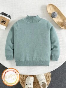 SHEIN 绿色返校款年轻男孩高领厚款休闲保暖内衬毛衣，适合秋冬季上学、居家和外出穿着
