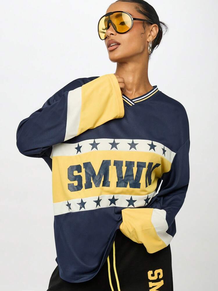 SUMWON WOMEN Oversized Varsity Jersey With Star Details And Colorblock Design