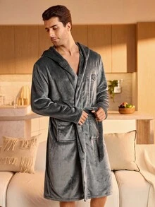 Manfinity Underwear&Sleepwear Basics Men's Letter Embroidery Hooded Long Sleeve Pocket Casual Fluffy Robe, Fall Winter, Cozy - Multicolor - View 4