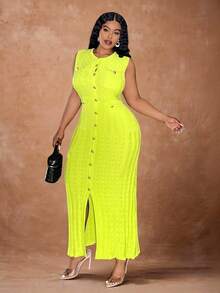 Veslaya 大码女式无袖荧光绿单排扣修身优雅针织连衣裙，秋冬款 - 綠色 - 查看 3