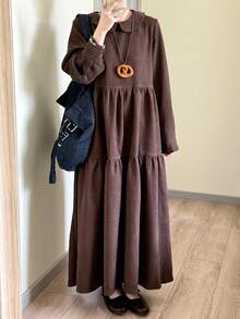 FRIFUL 女式秋季纯棕色彼得潘领长袖连衣裙，秋季连衣裙，户外连衣裙 - 咖啡棕 - 查看 5