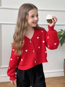 SHEIN V领宽松落肩开衫，带心形刺绣，适合秋冬季 - 紅色 - 查看 3