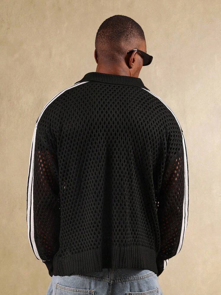 Mesh Knit Cardigan With Varsity Number Design