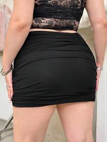 GalTyme 女式加大码黑色针织褶皱紧身半身裙 - 黑色 - 查看 2