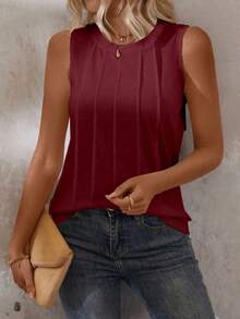 EMERY ROSE Women's Solid Color Round Neck Toothpick Design Casual Tank Top, Summer - Red - View 3