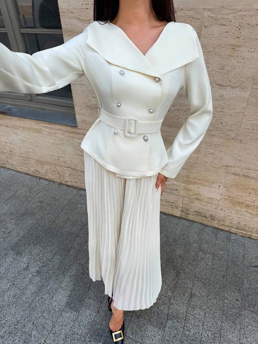 Firerie Elegant Women's Off-White 2 Pieces Set,Autumn Office Long Sleeve Top With Belt & Pleated Umbrella Chiffon Skirt,Business Casual Teacher Outfits Suit
