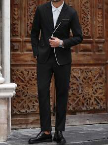 Manfinity Bizformal 男士商务撞色翻领西装外套和裤子套装 - 黑色 - 查看 4