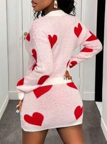 BamGleam Bộ áo len nữ ngày lễ tình nhân Love Kiss hình trái tim màu đỏ Cupid Bộ áo len cài nút tương phản Cardigan Nửa chân váy Đơn giản gợi cảm bó sát thường ngày - Đỏ và trắng - Xem 2