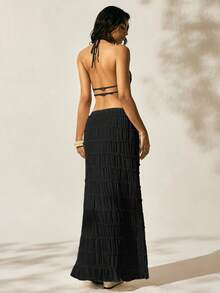 Easelle 2件套女士浪漫黑色露背低腰裙度假户外装黑色两件套女士度假装女士裙子套装两件套裙子百褶裙套装夏季2件套女士 - 黑色 - 查看 2