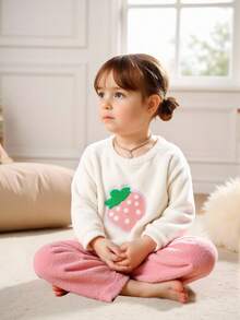 SHEIN Playful Pals 2 件套少女可爱草莓刺绣针织羊毛长袖上衣和裤子套装，适合居家、上学、秋冬休闲装 - 粉色 - 查看 5