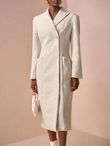 Zivah 2025秋冬新品，音乐节，毕业季，学院风，学生装，日常休闲，度假，海滩，街头风，通勤优雅，翻领长袖金属纽扣长外套，浅灰色大口袋大衣 - 淺灰色 - 查看 6