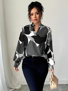 Elenzga Women's Casual Commuter Colorblock Notched Neck Long Sleeve Shirt, Autumn - Multicolor - View 3