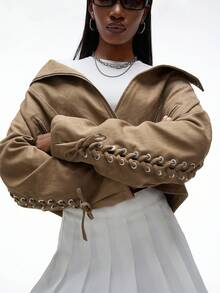 Aveloria GENKIRA Chaqueta corta de estilo motero de mujer con diseño de cordones en estilo vintage punk de PU - Caqui - Ver 6