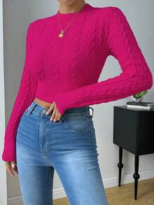 EMERY ROSE Women's Autumn Cable Cable Pattern Crew Neck Long Sleeve Cropped Fitted Sweater Fall Winter Cloth For Women - Hot Pink - View 6
