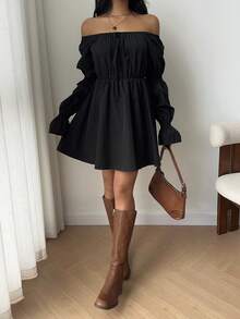 SHEIN EZwear Damen einfarbiges langärmliges Plissee-Rüschen-Saum Lässig modisches Mini-Kleid - Schwarz - Übersicht 6