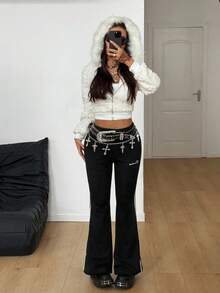 Coolane Women's Winter Streetwear Athleisure Sport Letter Print Stretchy Fleece Lined Warm/ Cold Weather/ Thermal Woven Tape Banded Texture Decoration Comfy Black Boot Cut Flare Pant,Fall