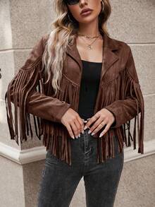 SHEIN LUNE Autumn Fashionable Retro Fringe Hem Jacket,Fall,Brown Jacket - Brown - View 5