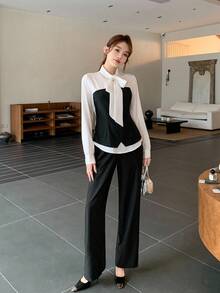 Conjunto de dos piezas para adolescentes con camisa elegante de contraste blanco y negro con lazo y pantalones negros casuales, ropa de primavera y otoño, ropa interior de otoño e invierno, ropa de vuelta al colegio, para fiestas - Blanco y Negro - Ver 3