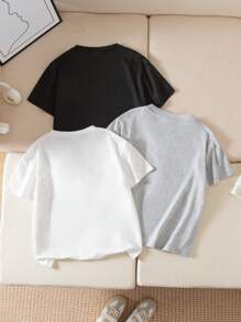 3 件套 Tween Girl 图案印花 T 恤，黑色、白色、灰色，街头风格休闲短袖上衣