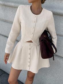 Pariaura 2件套粗花呢长袖衬衫和纽扣前裙 - 卡其色 - 查看 3