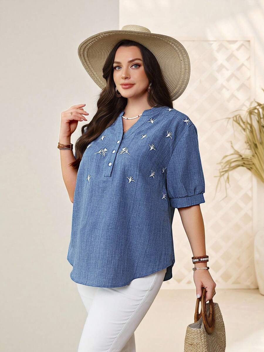 EMERY ROSE 大码短袖衬衫，夏季时尚 - 藍色 - 查看 1