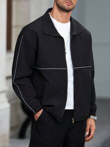 Manfinity Homme Men's Zip Front Loose Casual Jacket, Men Zip Up Jacket, Reflective Jacket, Men Jackets Streetwear - Black - View 4