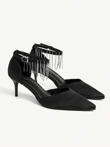 CUCCOO CHICEST Women's Pointed Toe Rhinestone Pendant Mid Heel Pumps, Elegant Luxurious Romantic Gothic Fashion Sexy Black Satin High Heels, Hollow Out Formal Dress Shoes For Wedding, Party, Cocktail, Holiday - Black - View 2