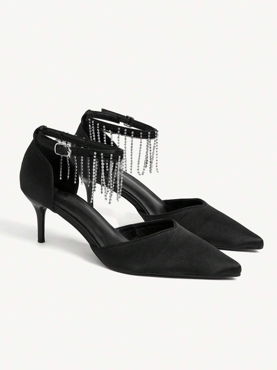 CUCCOO CHICEST Women's Pointed Toe Rhinestone Pendant Mid Heel Pumps, Elegant Luxurious Romantic Gothic Fashion Sexy Black Satin High Heels, Hollow Out Formal Dress Shoes For Wedding, Party, Cocktail, Holiday