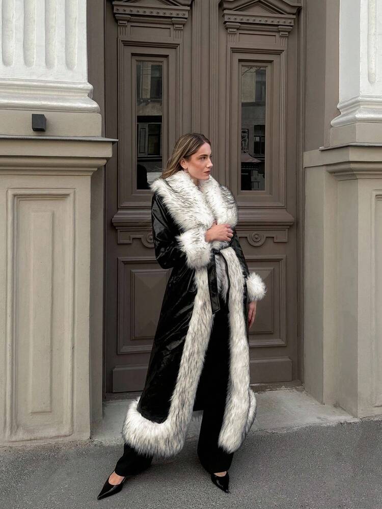 CONTRAST FAUX FUR DETAIL SLANT POCKET WINTER COAT