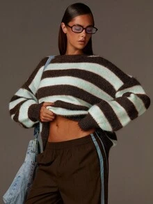 Athîral 2025秋季新款圆领休闲长袖毛衣，学院风撞色条纹落肩宽松套头毛衣，国庆节，外出上衣，秋季时尚毛衣 - 彩色 - 查看 1