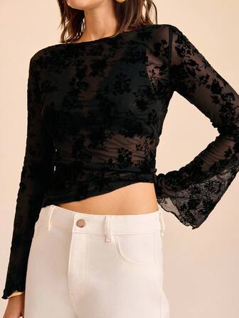 CAJUNI Women's Casual Mesh Flocked Floral Pattern Blouse Autumn Outfits For Women Elegant Women's Blouses Casual Blouses For Women