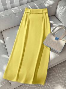 GlowEve 女士纯色单排扣优雅办公室女士直筒裙 - 黃色 - 查看 2