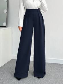 EURMUSE Women Solid Color High Waist Wide Leg Pants - Navy Blue - View 5