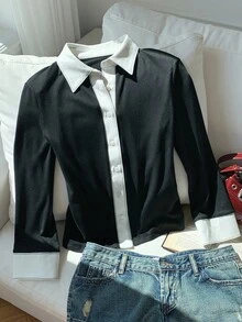 Comfortcana Camiseta casual de manga larga con botones y contraste de color para mujer, otoño