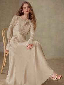 MOTF PREMIUM EMBROIDERY CONTRAST MESH DRESS - Khaki - View 6