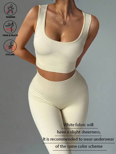 2 pièces Ensemble de yoga sans couture très extensible. Survêtement, ensemble de gymnastique. Débardeur côtelé, leggings de contrôle du ventre. Ensemble d'entraînement pour femmes, tenue de gym pour femmes