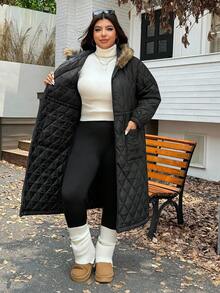 SHEIN EZwear Áo khoác dài chần bông dày cỡ lớn, mùa đông - màu đen - Xem 7