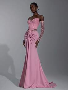 Elitara 优雅莲花粉色蕾丝拼接缎面紧身胸衣，搭配透明鱼骨胶条，飘逸下摆，适合度假、约会、生日派对、婚礼、毕业典礼、正式晚会 - 藕粉色 - 查看 6