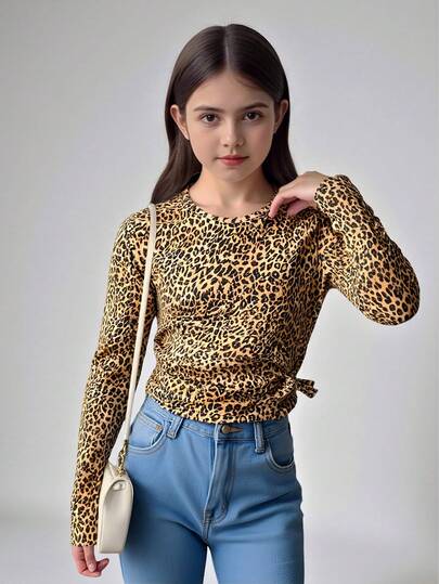 Maija Kids Maija Kids Tween Girl Leopard Print Round Neck Long Sleeve T-Shirt Fall Winter