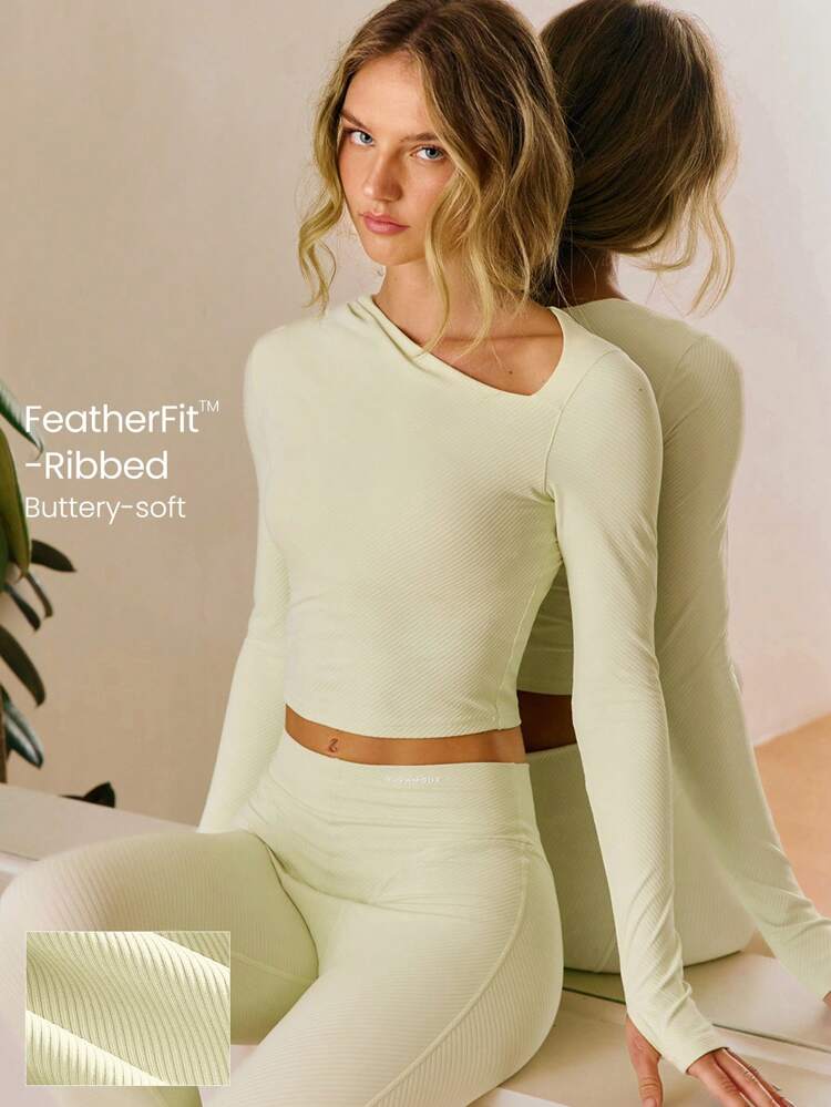 FeatherFit™- Ribbed Soft Flex Sheer Asymmetrical Collar Pleats Removable Cups Thumbholes Long-Sleeve Top Low-Impact Yoga Pilates Studio Daily Casual Wear  Spring Summer
