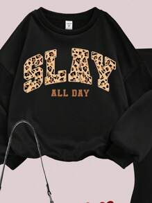 SHEIN Leap Crew 复古图案豹纹印花少女针织圆领宽松运动衫和喇叭裤两件套，街头风，休闲校园运动风格，户外野餐，郊游，街头风格，居家，学校