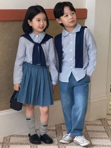 Genkimix Kids 3 件套年轻男孩休闲装：披肩领毛衣 + 条纹衬衫 + 水洗牛仔裤，秋季时尚造型 - 藍色 - 查看 1