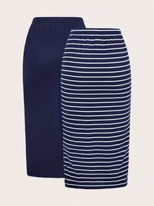 SHEIN LUNE Bộ 2 chân váy nữ kiểu dáng thường ngày, kẻ sọc và màu trơn, váy phối hợp cho nữ, váy kẻ sọc, kiểu dáng thường ngày. - Màu xanh lam - Xem 7