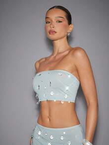 Hauture 女款 Y2K 水钻装饰短款修身性感抹胸上衣 - 霧霾藍 - 查看 1