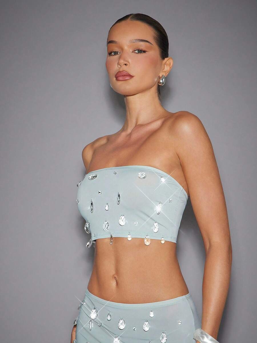 Hauture 女款 Y2K 水钻装饰短款修身性感抹胸上衣 - 霧霾藍 - 查看 1