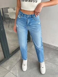 SHEIN Cottnline 100%纯棉休闲破洞锥形牛仔裤 - 淺色水洗藍 - 查看 5